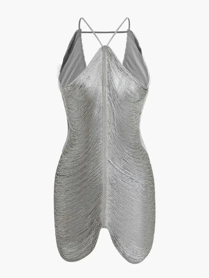 Robe courte asymétrique en tissu métallique, avec fermeture éclair dans le dos et décolleté nu, disponible en plusieurs…