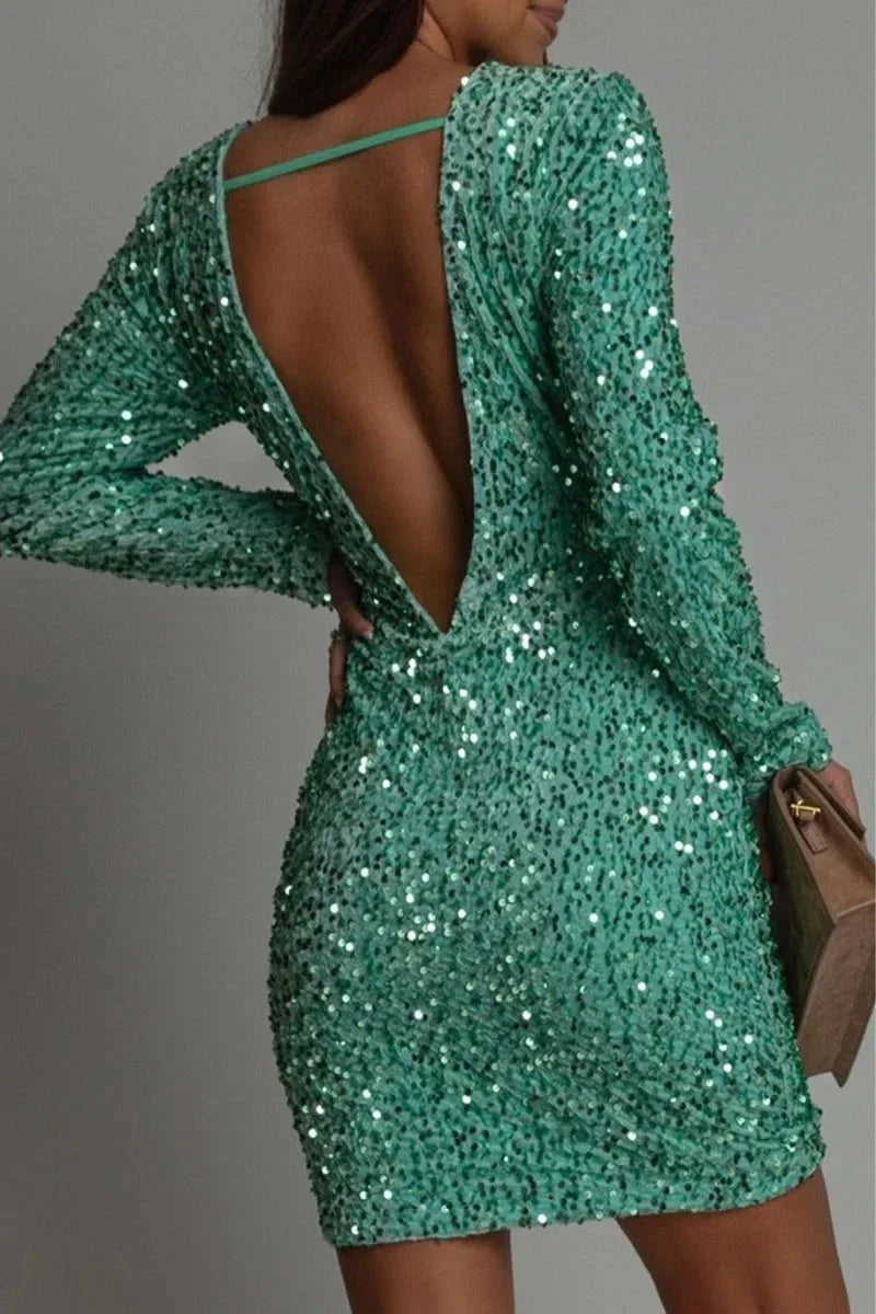 Abito Corto Donna con Paillettes Scollo Schiena Maniche Lunghe - Vesarelli