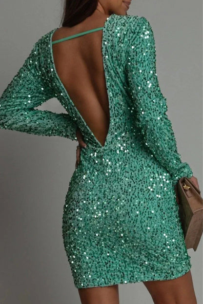 Abito Corto Donna con Paillettes Scollo Schiena Maniche Lunghe - Vesarelli