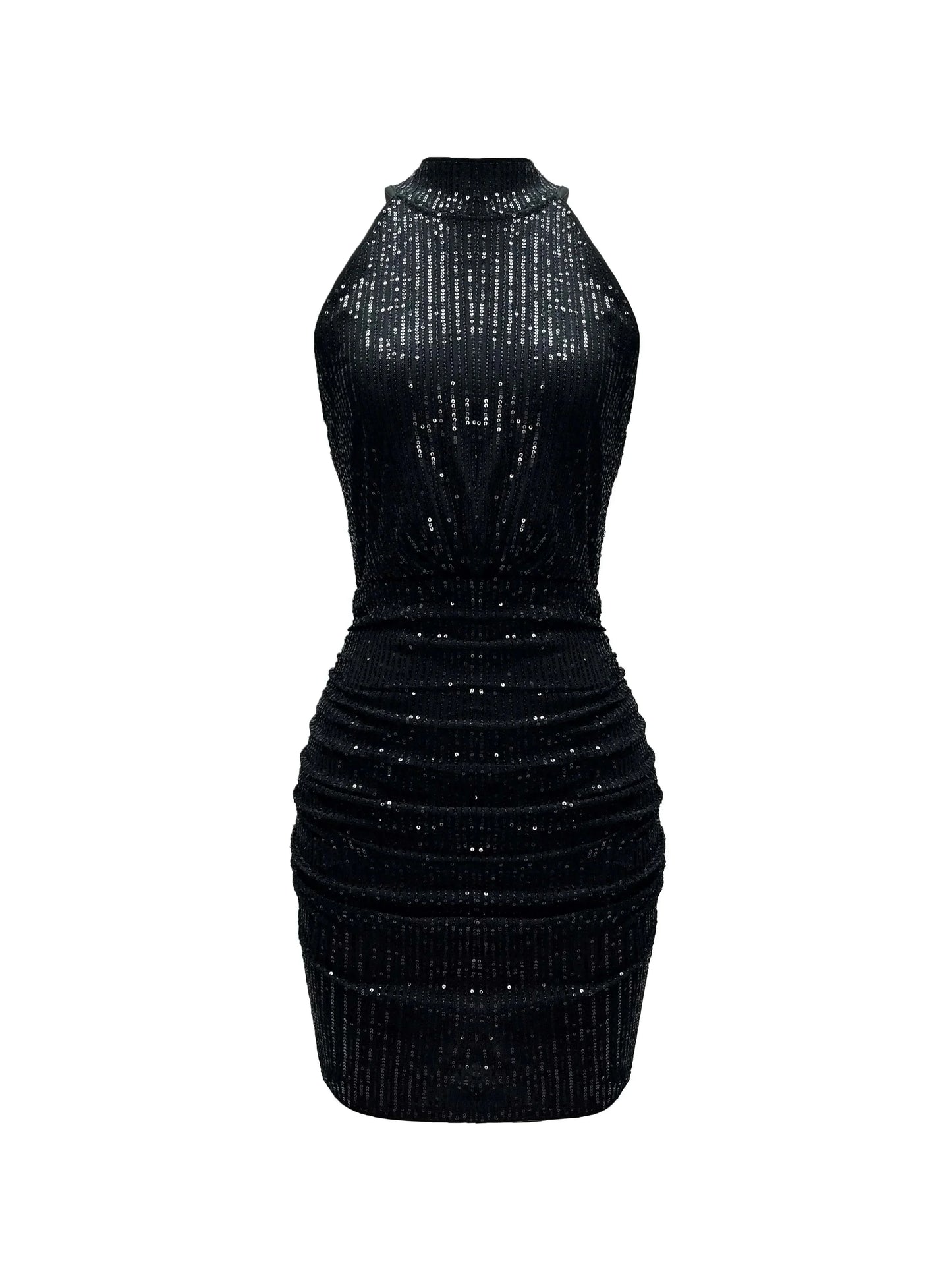 Robe courte noire sans manches avec paillettes, col américain et coupe élégante, idéale pour des soirées.