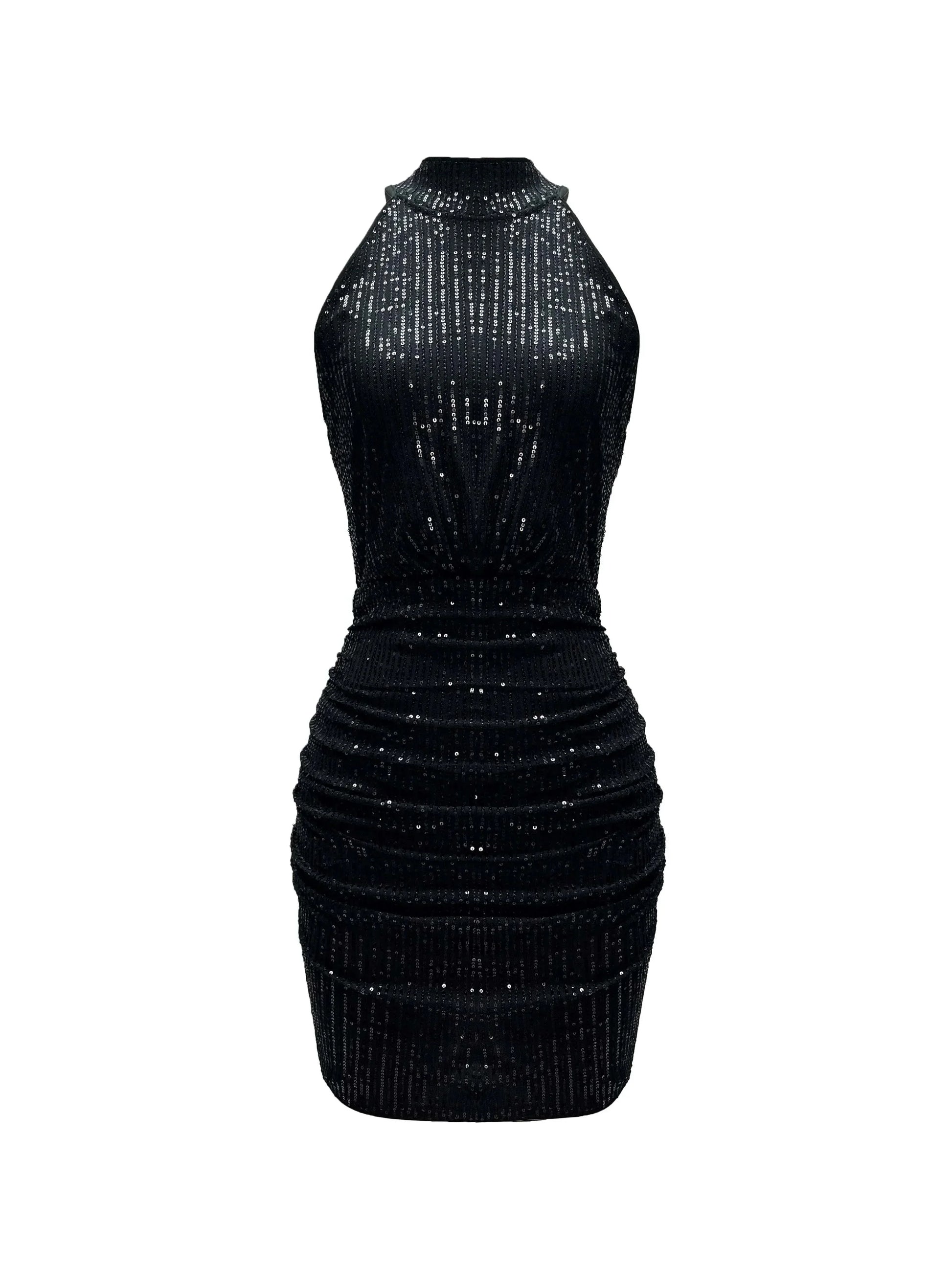 Robe courte noire sans manches avec paillettes, col américain et coupe élégante, idéale pour des soirées.