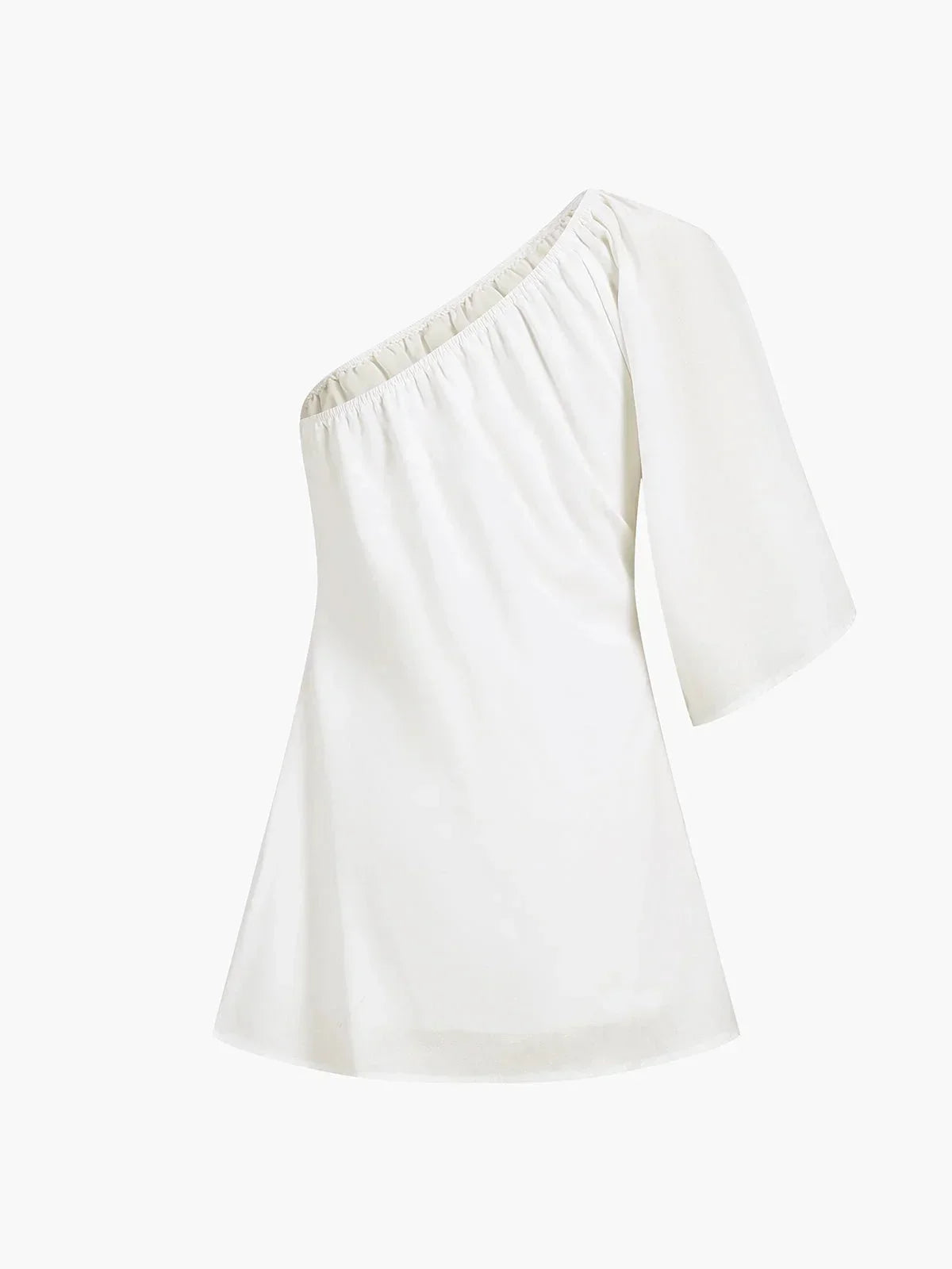 Robe courte à épaule dénudée, manches bouffantes, en tissu léger, idéale pour les soirées d'été.