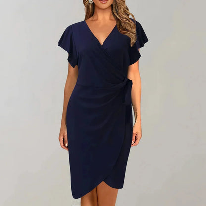 Robe courte portefeuille en tissu léger, manches courtes, col V et nœud à la taille, idéale pour les soirées, plusieurs…