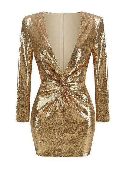 Robe courte à sequins dorés, manches longues, col en V drapé, idéale pour les soirées clubbing, en tissu scintillant.