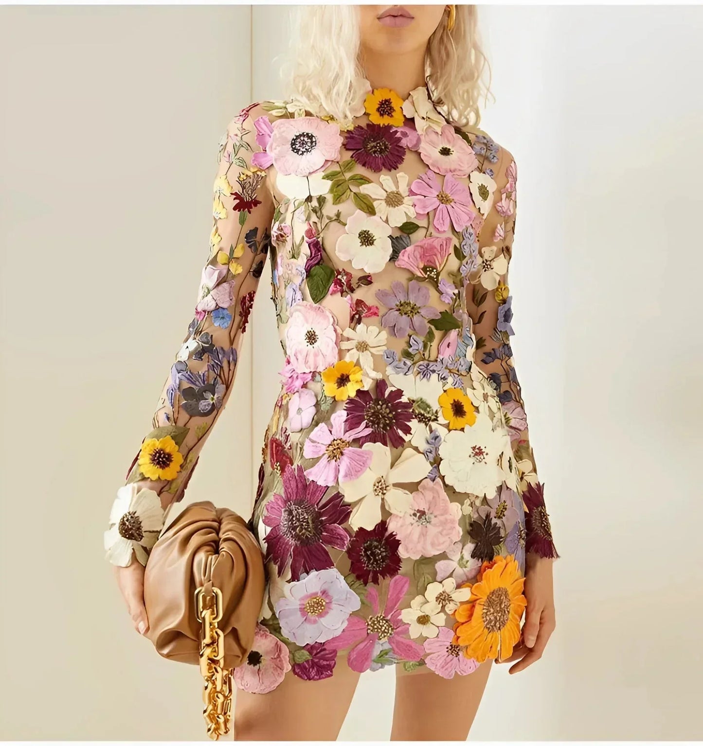 Abito Corto Donna Trasparente Floreale Manica Lunga - Vesarelli