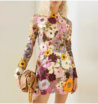 Abito Corto Donna Trasparente Floreale Manica Lunga - Vesarelli