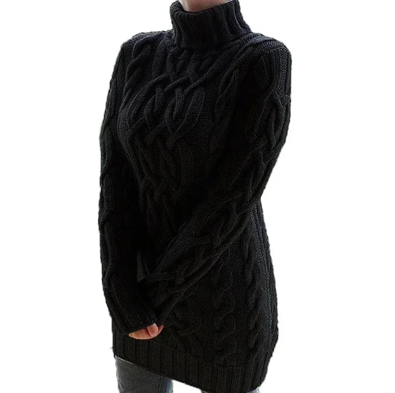Robe pull torsadée en tissu épais, col roulé, manches longues, parfaite pour l'hiver et le confort quotidien.