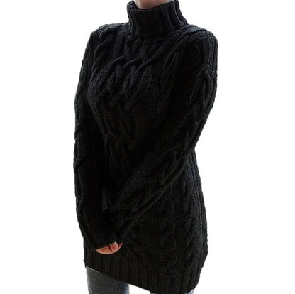Robe pull torsadée en tissu épais, col roulé, manches longues, parfaite pour l'hiver et le confort quotidien.