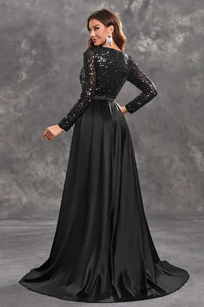 Robe soirée longue en satin, ornée de sequins, avec une jupe fluide et élégante pour un look sophistiqué.