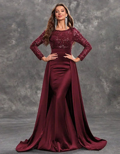 Robe soirée longue en Bourgogne, fabriquée en satin, ornée de sequins, avec une jupe fluide et élégante pour une allure chic.