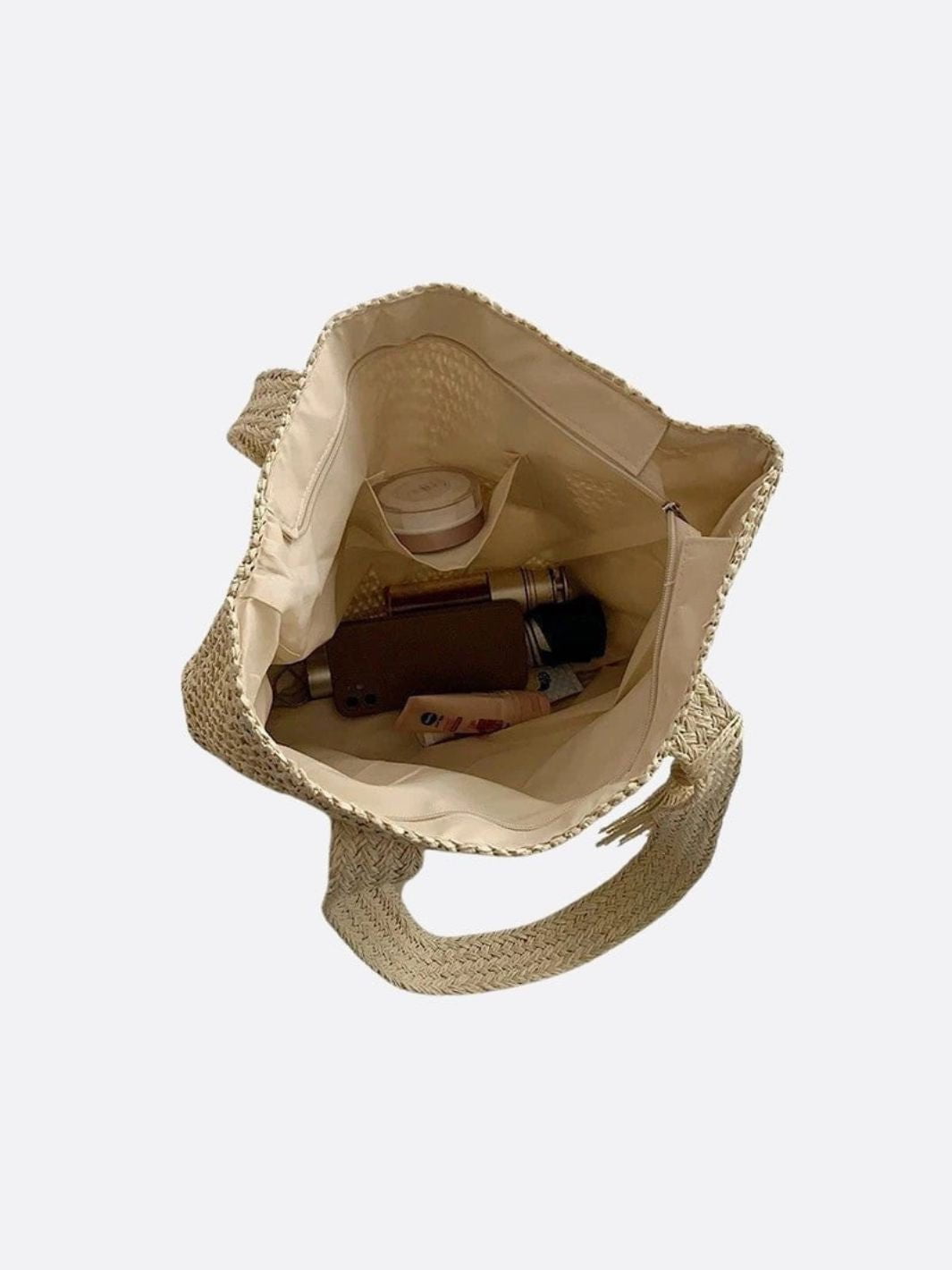 Borsa Tote Donna in Paglia con Zip Tracolla e Tasca Interna