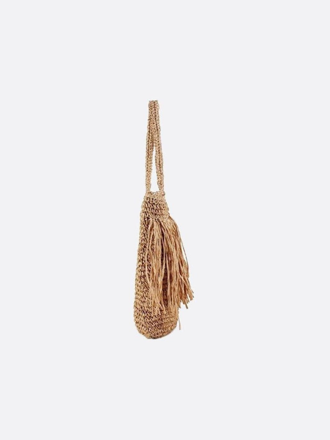 Borsa Spalla Donna in Paglia con Frange e Chiusura Zip