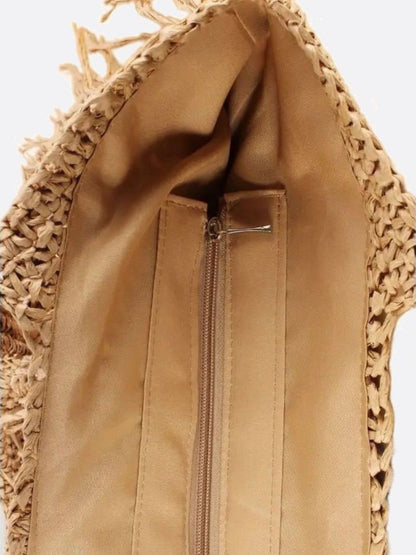 Borsa Spalla Donna in Paglia con Frange e Chiusura Zip