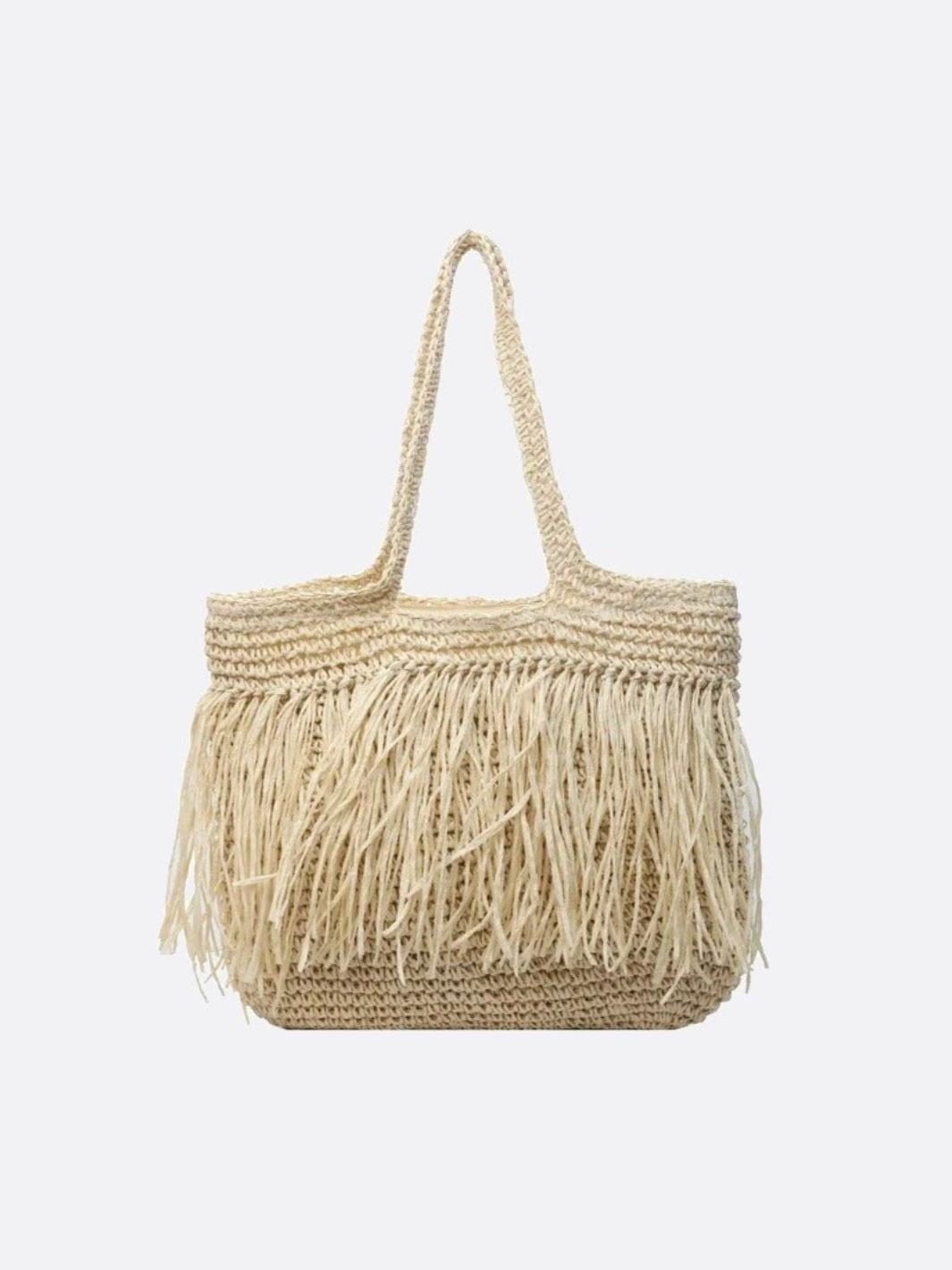 Borsa Spalla Donna in Paglia con Frange e Chiusura Zip - Brentozzi