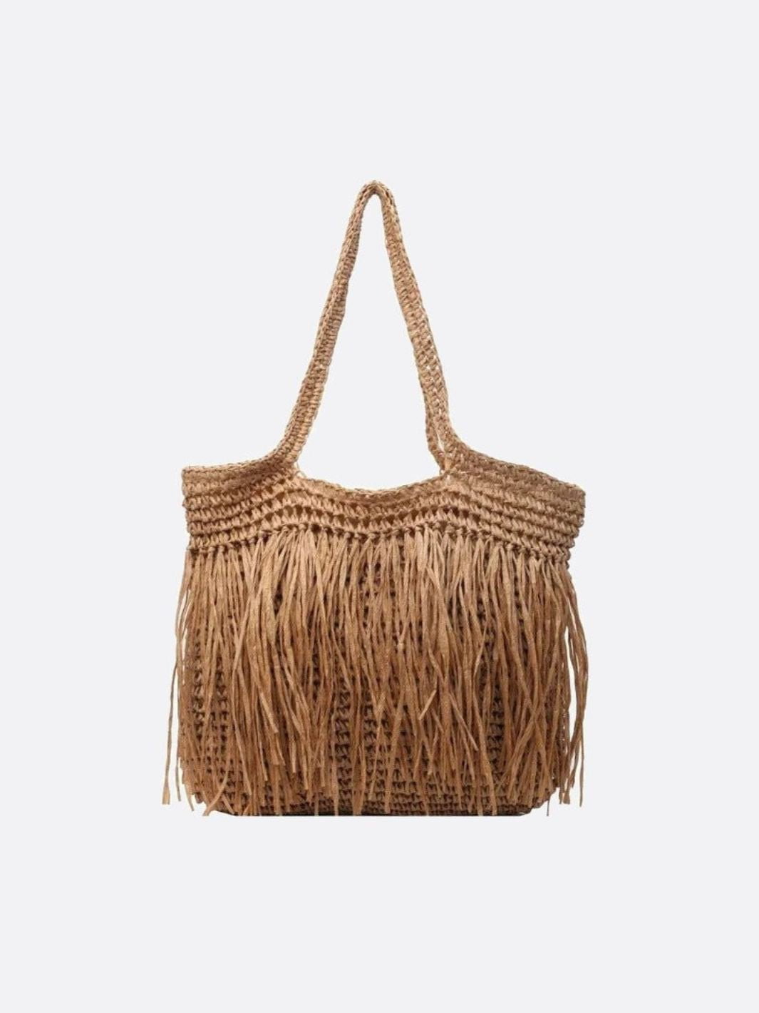 Borsa Spalla Donna in Paglia con Frange e Chiusura Zip