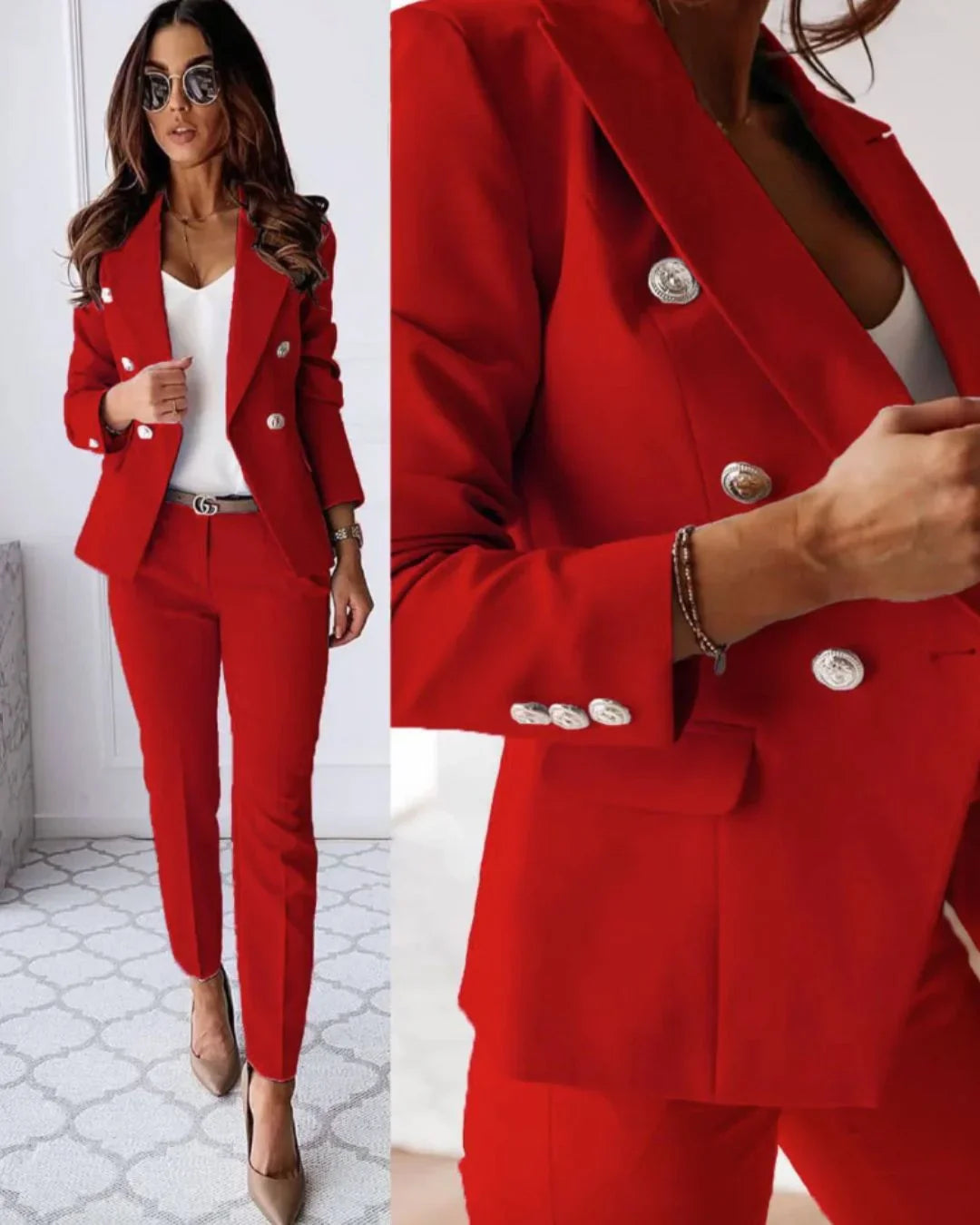 Veste tailleur à double boutonnage pour femme, coupe moderne, en tissu noir, avec poches et revers classiques.