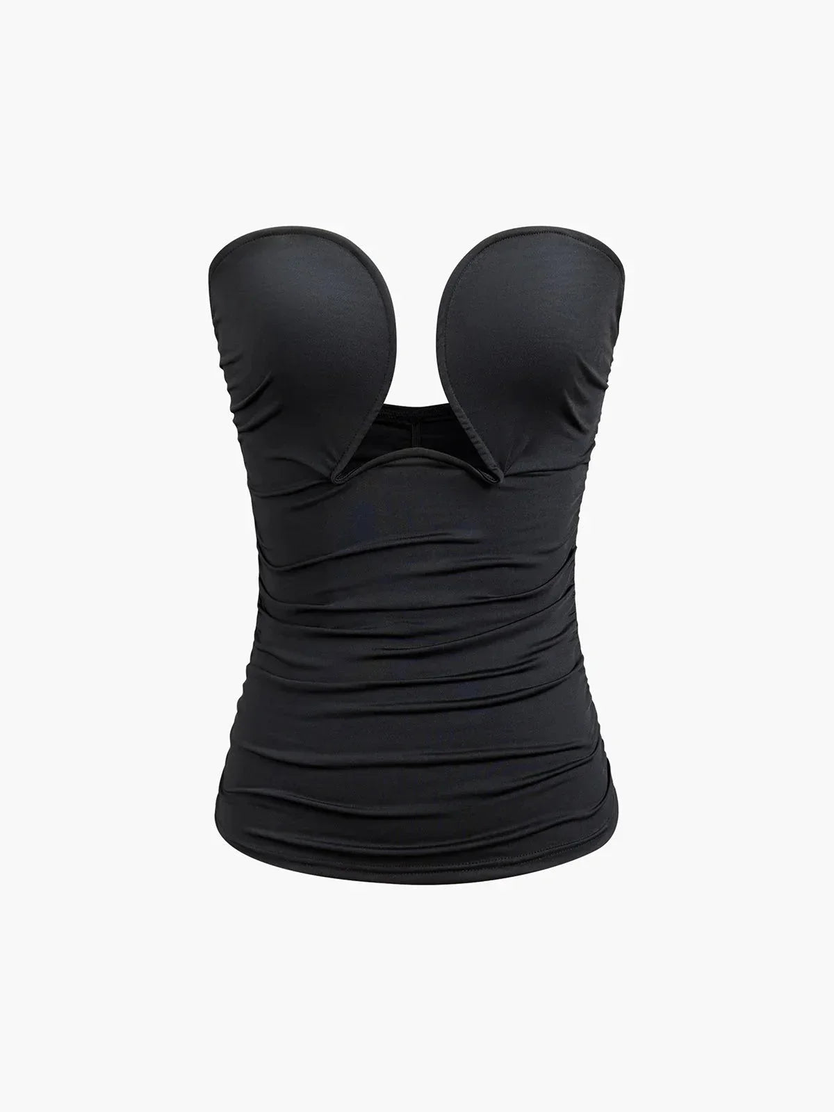 Top femme noir bustier en coton avec décolleté en cœur, idéal pour une silhouette élégante et un look sophistiqué.