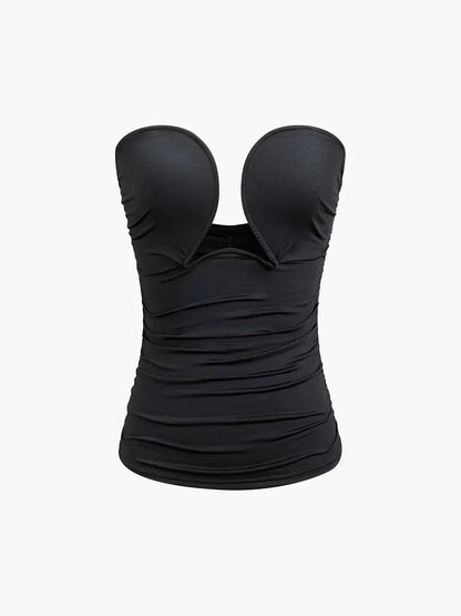 Top femme noir bustier en coton avec décolleté en cœur, idéal pour une silhouette élégante et un look sophistiqué.