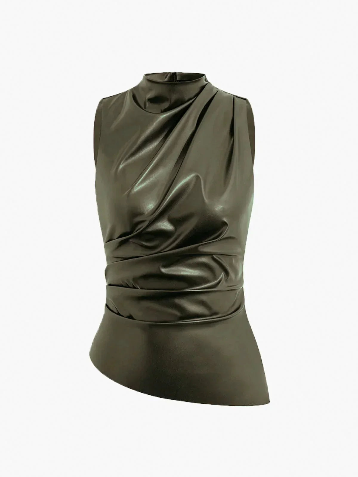 Top sans manches femme en satin army green, avec col froncé élégant et léger pour un look décontracté et raffiné.