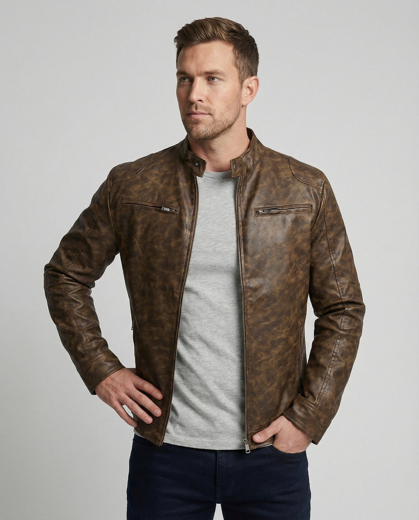Giacca Vintage Uomo in Pelle Taglio Asimmetrico - Brentozzi