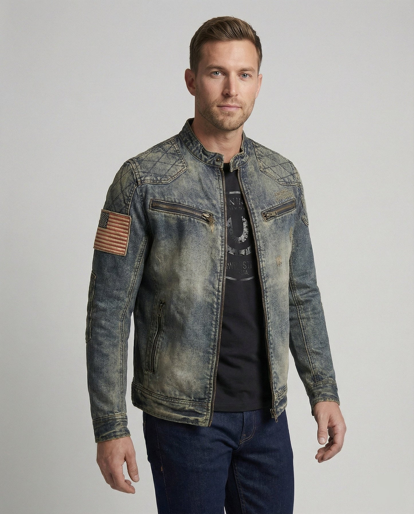 Giacca Jeans Uomo Stile Biker Collo Alto