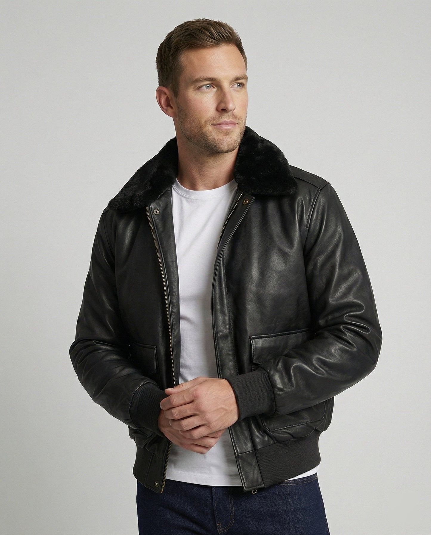 Giacca Pilota Uomo in Pelle con Collo Teddy