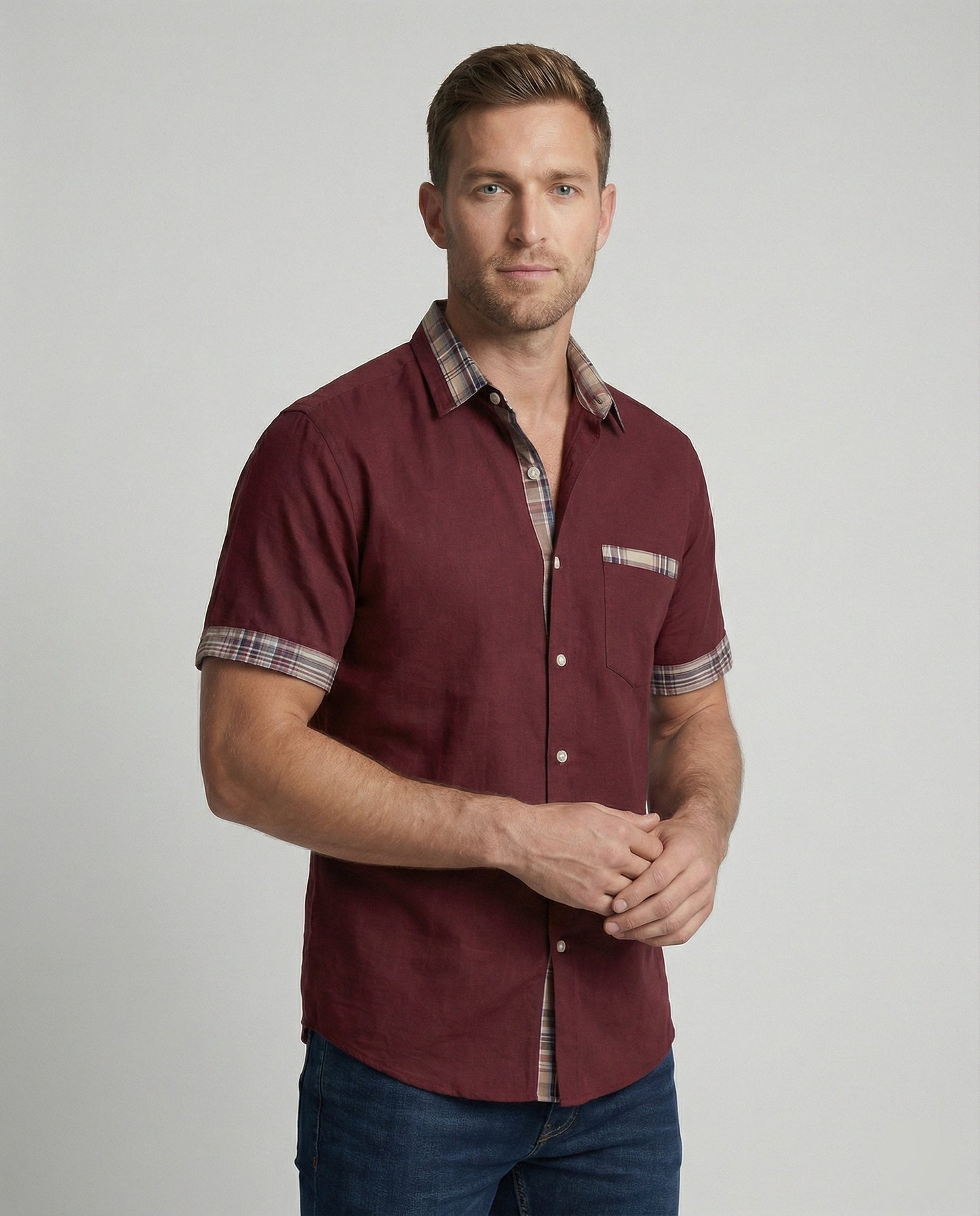 Camicia Uomo Manica Corta Fantasia Quadri Casual
