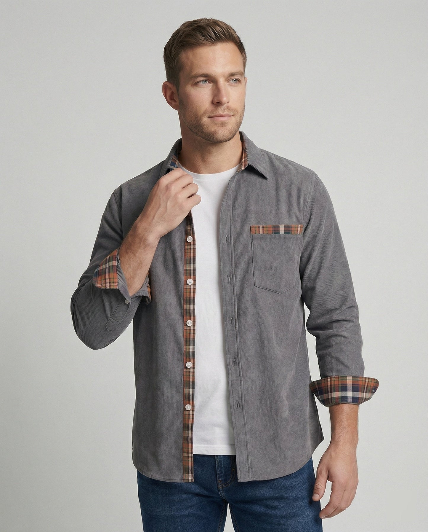 Camicia Uomo in Velluto a Coste Manica Lunga Casual