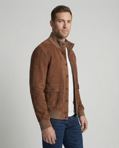 Giacca Bomber Uomo in Pelle Scamosciata Stile Casual