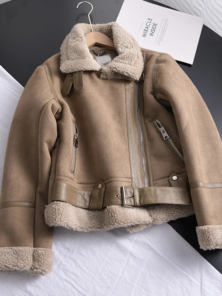 Giacca Donna Pelle con Fodera Shearling Cerniera Asimmetrica Cintura
