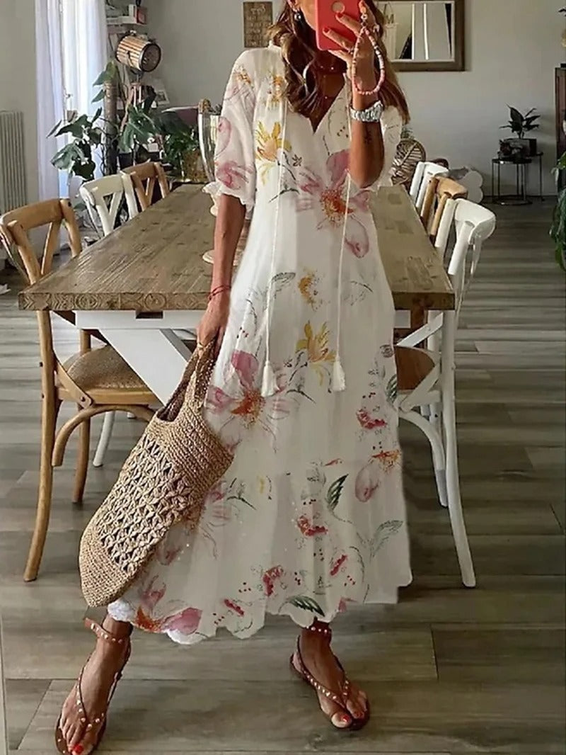 Abito Maxi Donna Manica Corta Scollo a V Stile Bohemien - Brentozzi