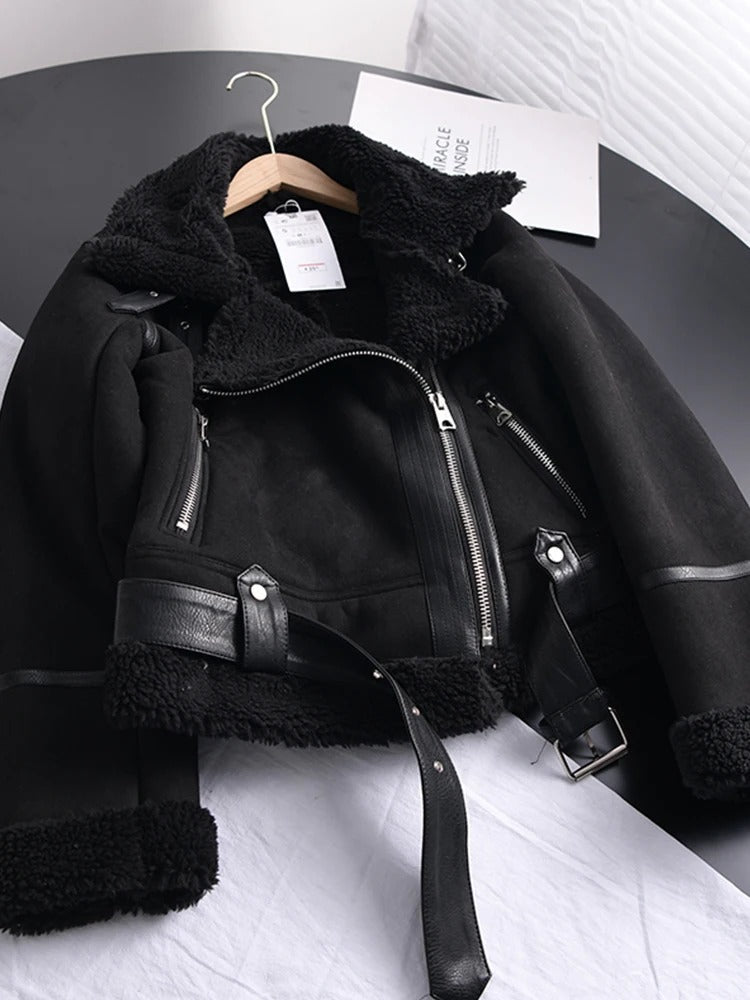 Giacca Donna Pelle con Fodera Shearling Cerniera Asimmetrica Cintura - Brentozzi