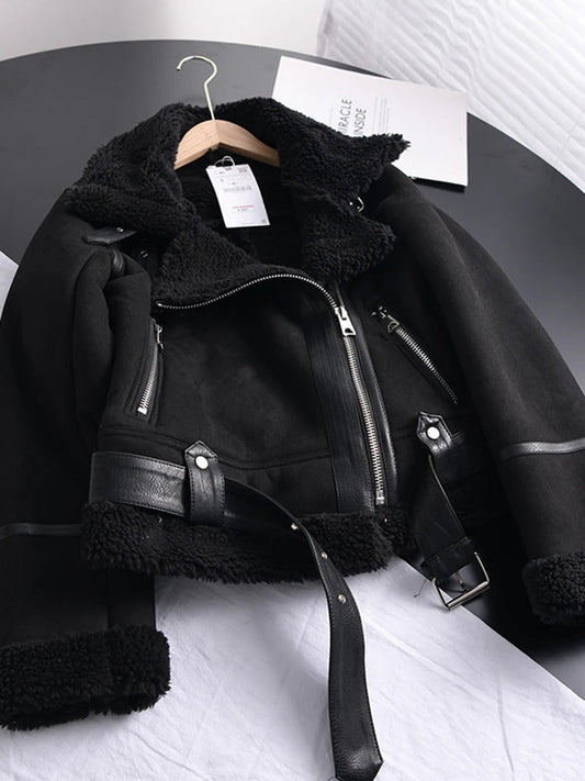 Giacca Donna Pelle con Fodera Shearling Cerniera Asimmetrica Cintura - Brentozzi