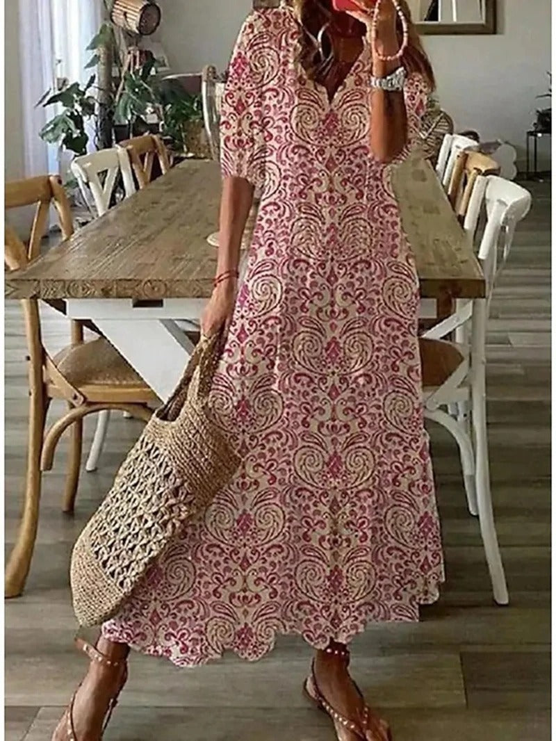 Abito Maxi Donna Manica Corta Scollo a V Stile Bohemien
