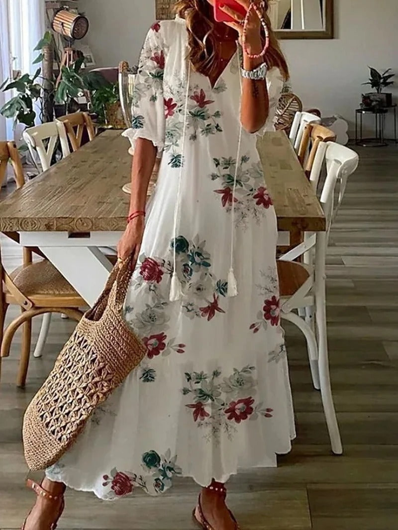 Abito Maxi Donna Manica Corta Scollo a V Stile Bohemien