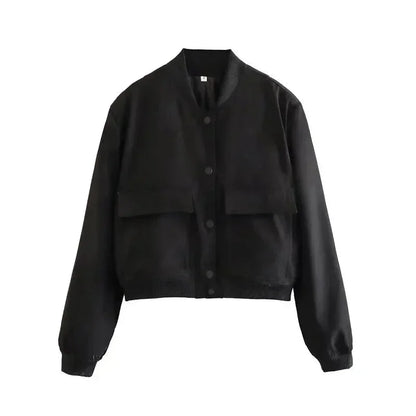 Veste bomber femme en matériau léger, bleu marine, avec poches frontales et design classique.