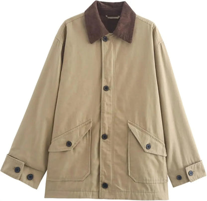 Veste femme kaki à col en velours côtelé, coupe décontractée, idéale pour la mi-saison.