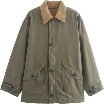 Veste de mi-saison femme verte avec col en velours côtelé, en mélange de coton, adaptée pour les saisons intermédiaires.