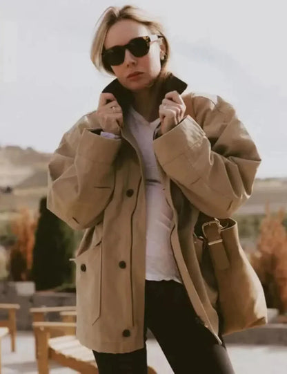 Veste de mi-saison femme en mélange de coton, design matelassé, col en velours côtelé, couleur bleu foncé.