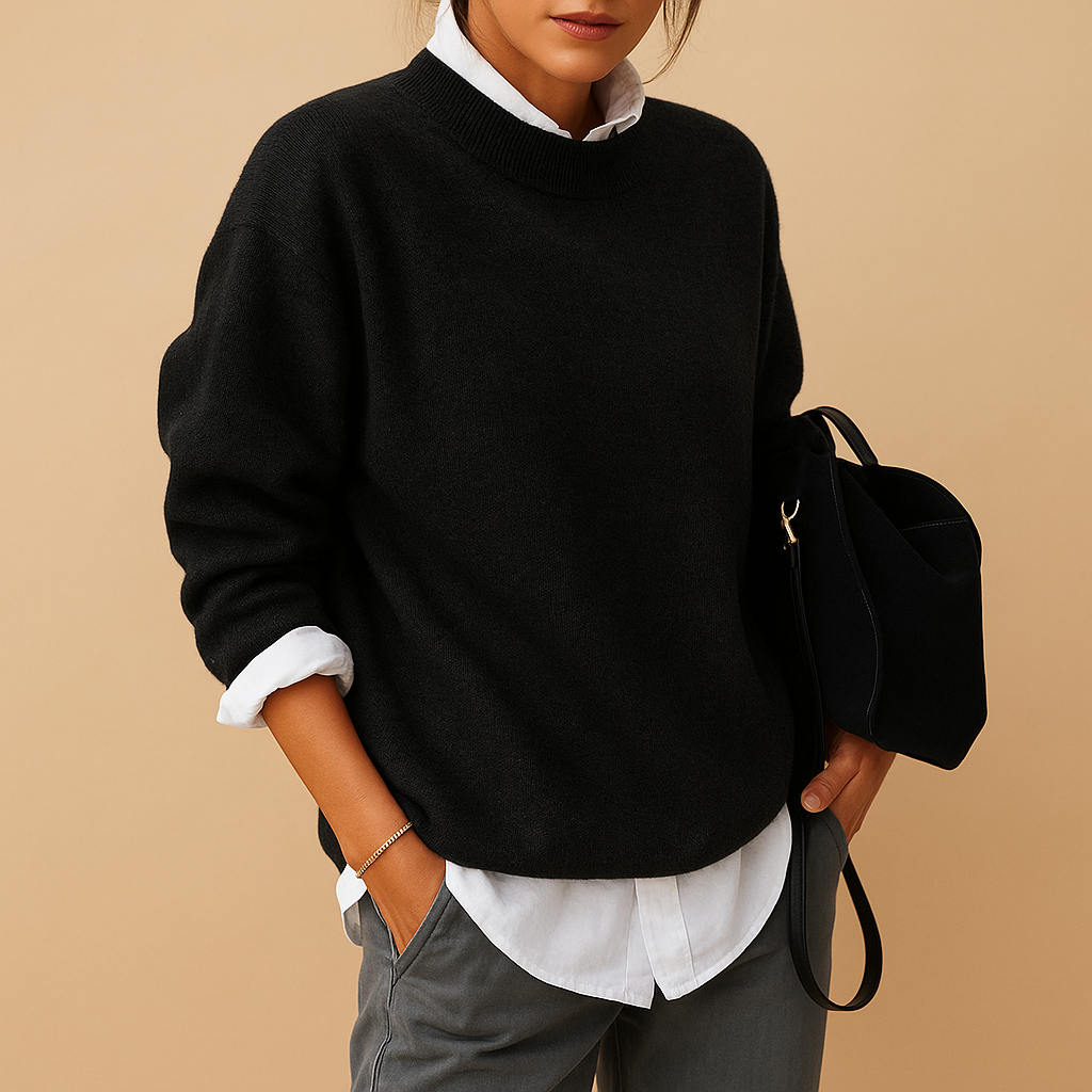 Maglione Donna Classico con Bordo a Costine e Manica Lunga