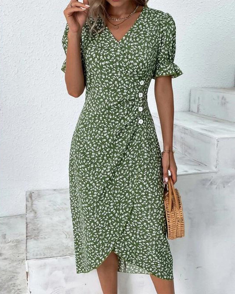 Abito Midi Donna Fantasia Floreale Scollo a V Incrociato