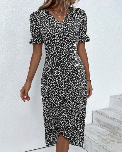 Abito Midi Donna Fantasia Floreale Scollo a V Incrociato
