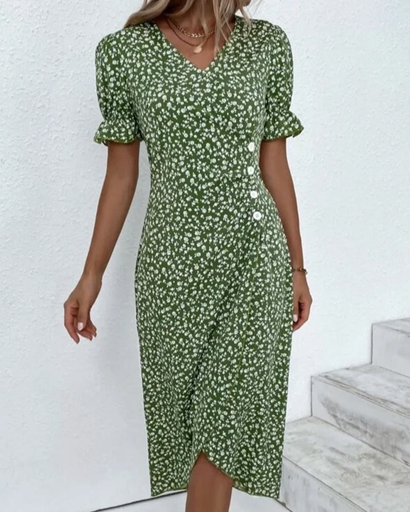 Abito Midi Donna Fantasia Floreale Scollo a V Incrociato