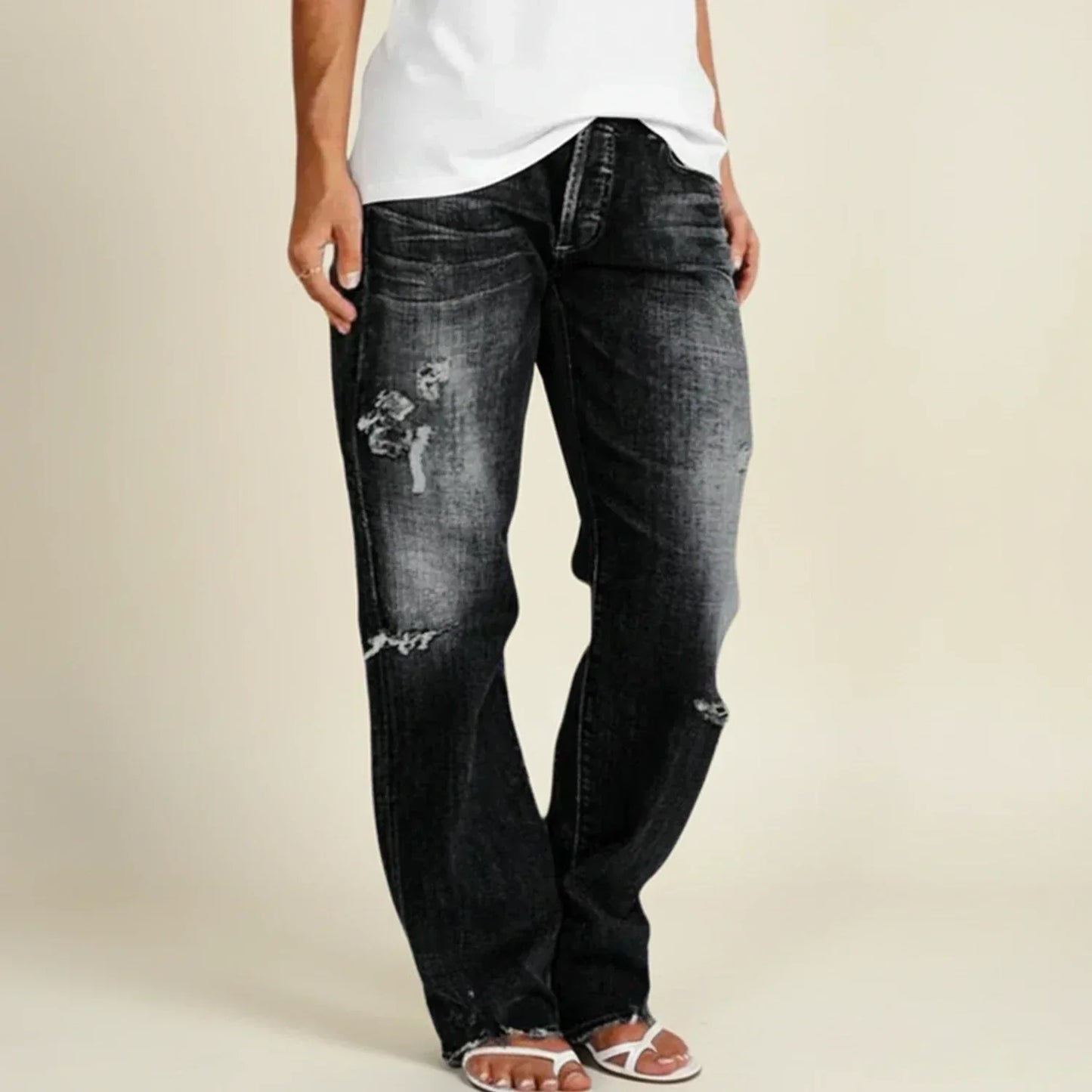 Jeans Donna Vita Alta Dritti Effetto Usato
