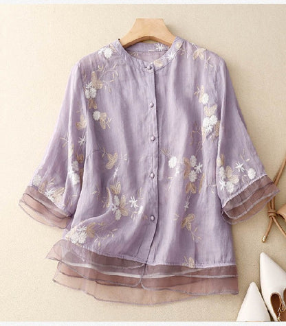 Blusa Donna Elegante con Ricamo Fine Manica Lunga