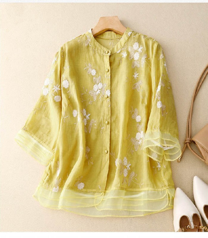 Blusa Donna Elegante con Ricamo Fine Manica Lunga