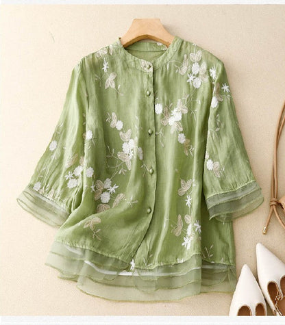 Blusa Donna Elegante con Ricamo Fine Manica Lunga
